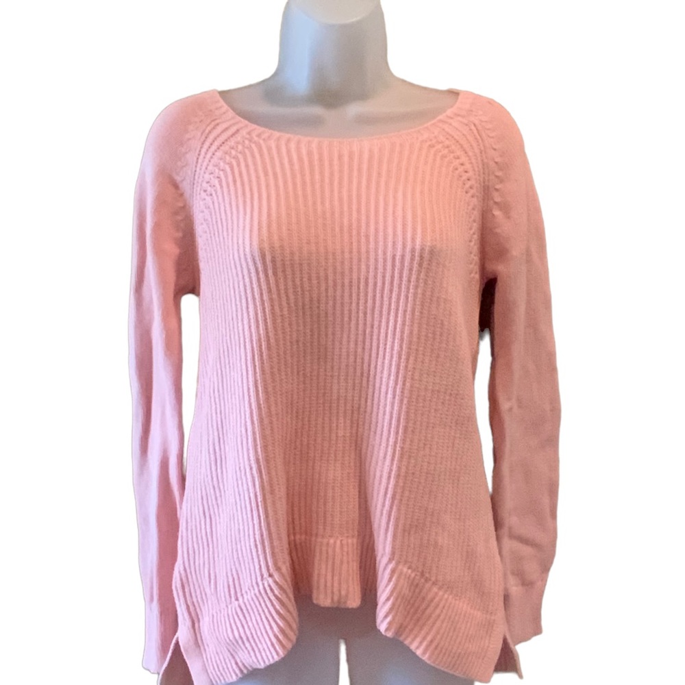 LOFT Sweater Pink Cotton Loose Ribbed Knit Slit Sides  Crew Neck Size Small